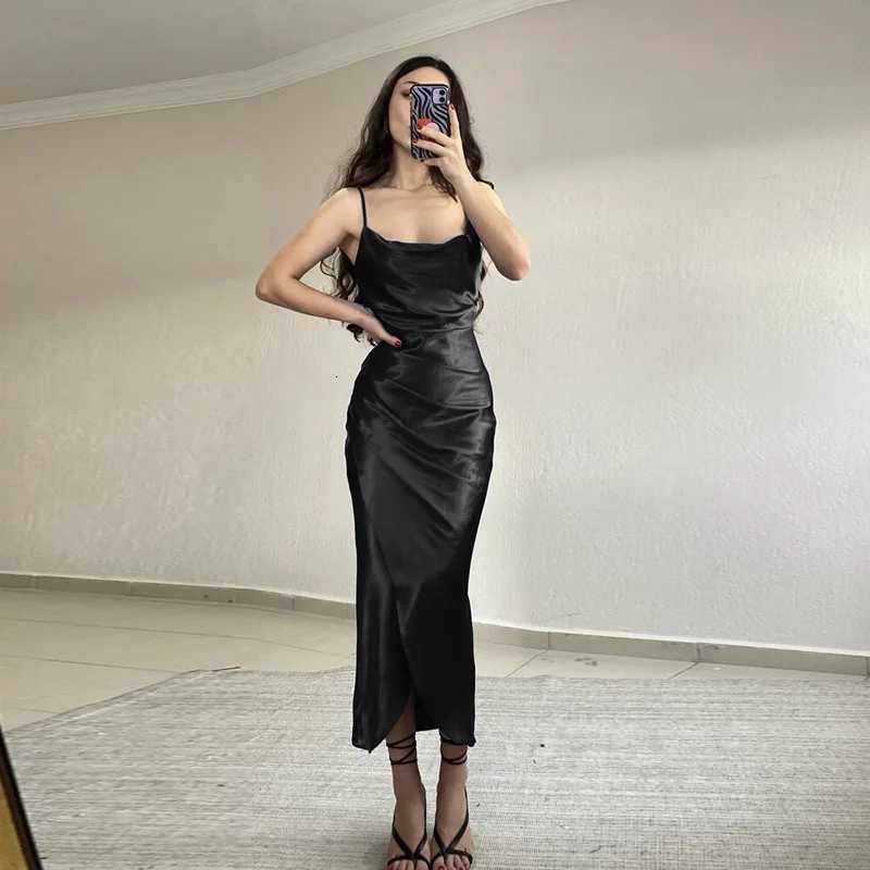 2024 Womens Spring New Strap Womens Dress European and American High End Sexy Spicy Girl Low Cut Satin Split Back XJ250722