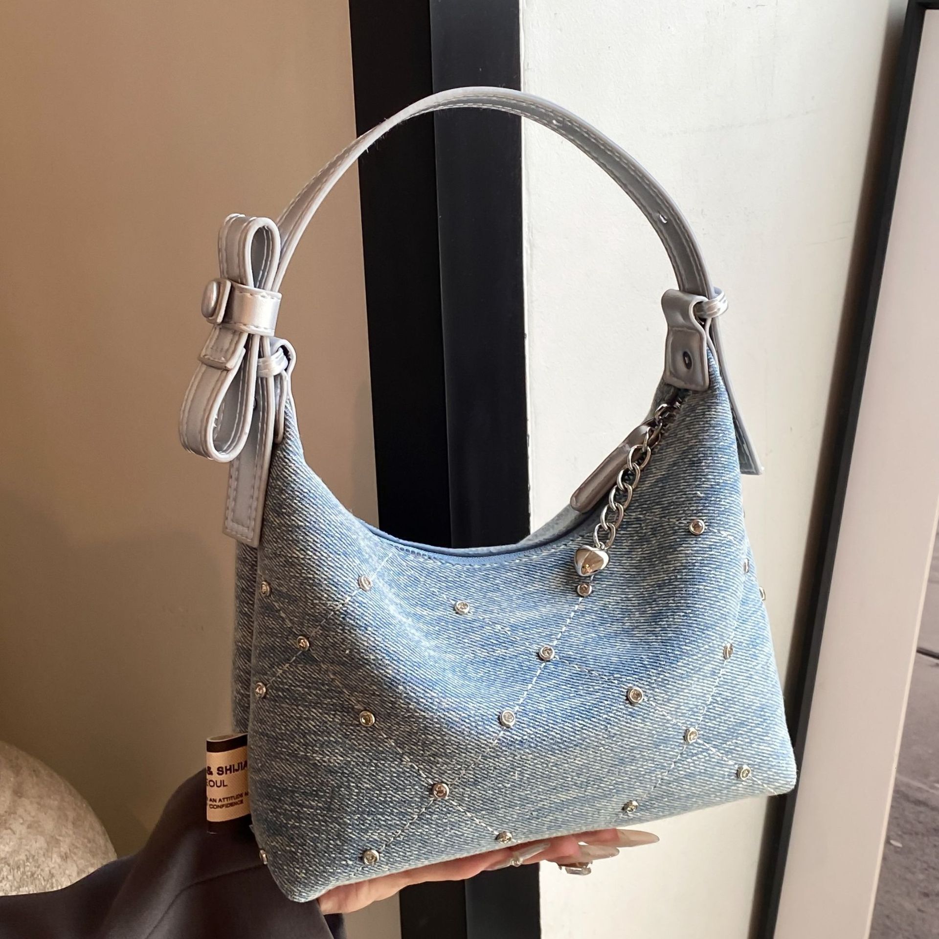 Summer new women's crossbody bag niche design denim armpit fashion handbag designer rhinestone rivet diamond grid shoulder