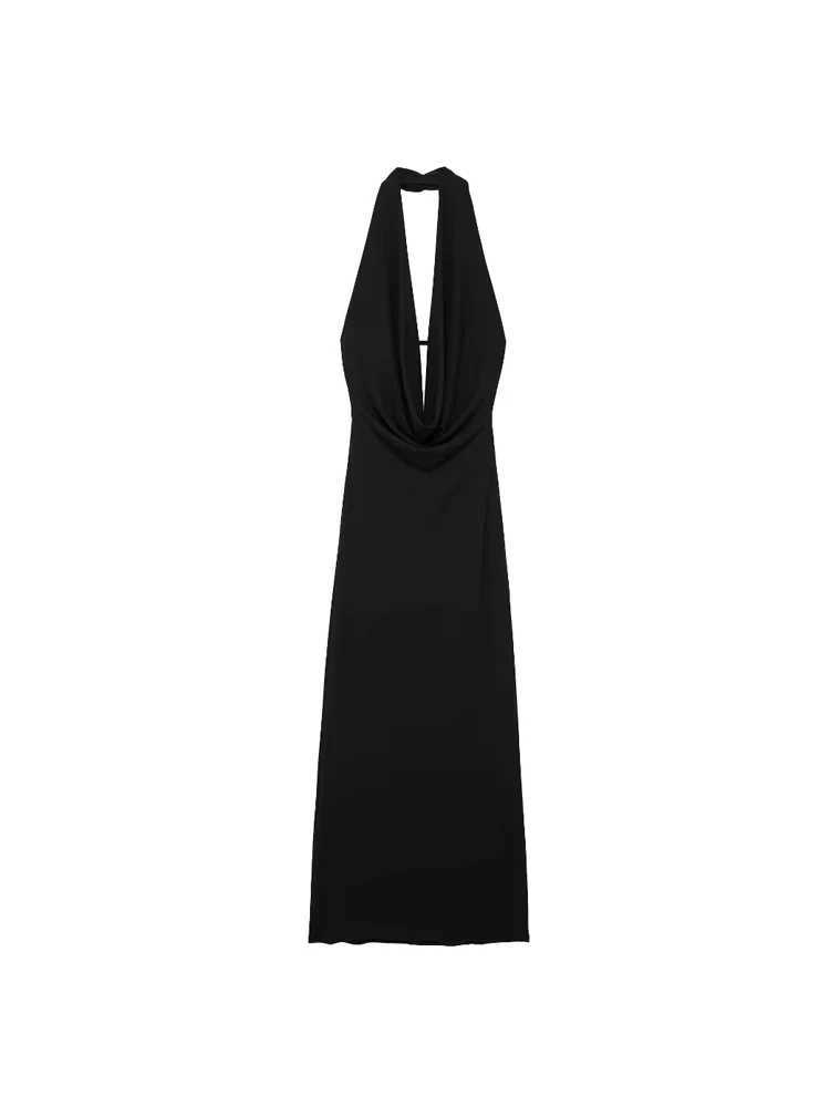 TRZA-Womens Draped Halter Neck Midi Dress Backless Back with Strap Party Fe Dresses Sexy Fashion XJ250722