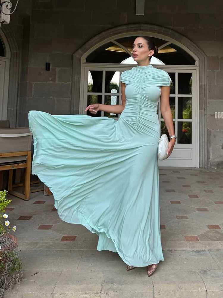 Light Green Ruched Maxi Dress Women High Neck Cap Sleeve Flared Hem Fitted Dresses New Ele Party Holiday Lady Gown 2025 XJ250722