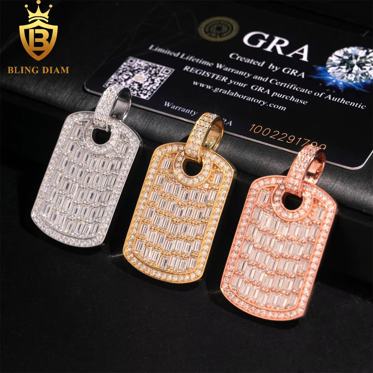 Iced Out Custom Jewelry Dog Tag Pendant Hip Hop Necklace Vvs Moissanite Baguette Shape 925 Sterling Silver Gold Plated