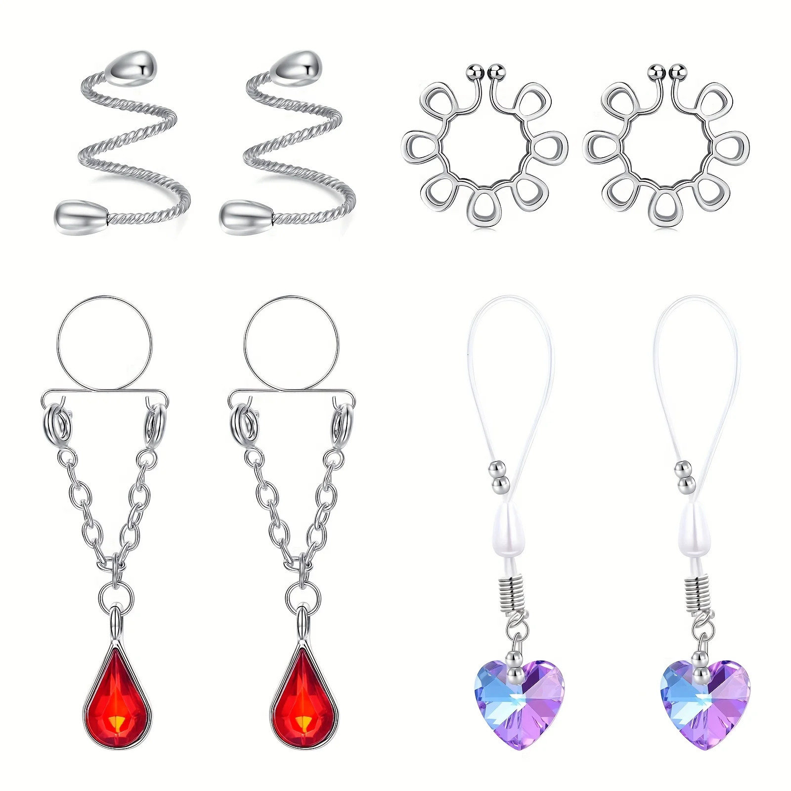 4 Pairs Non Piercing Nipple Rings Water Drop Heart Shaped Dangle Nipple Clips 250722