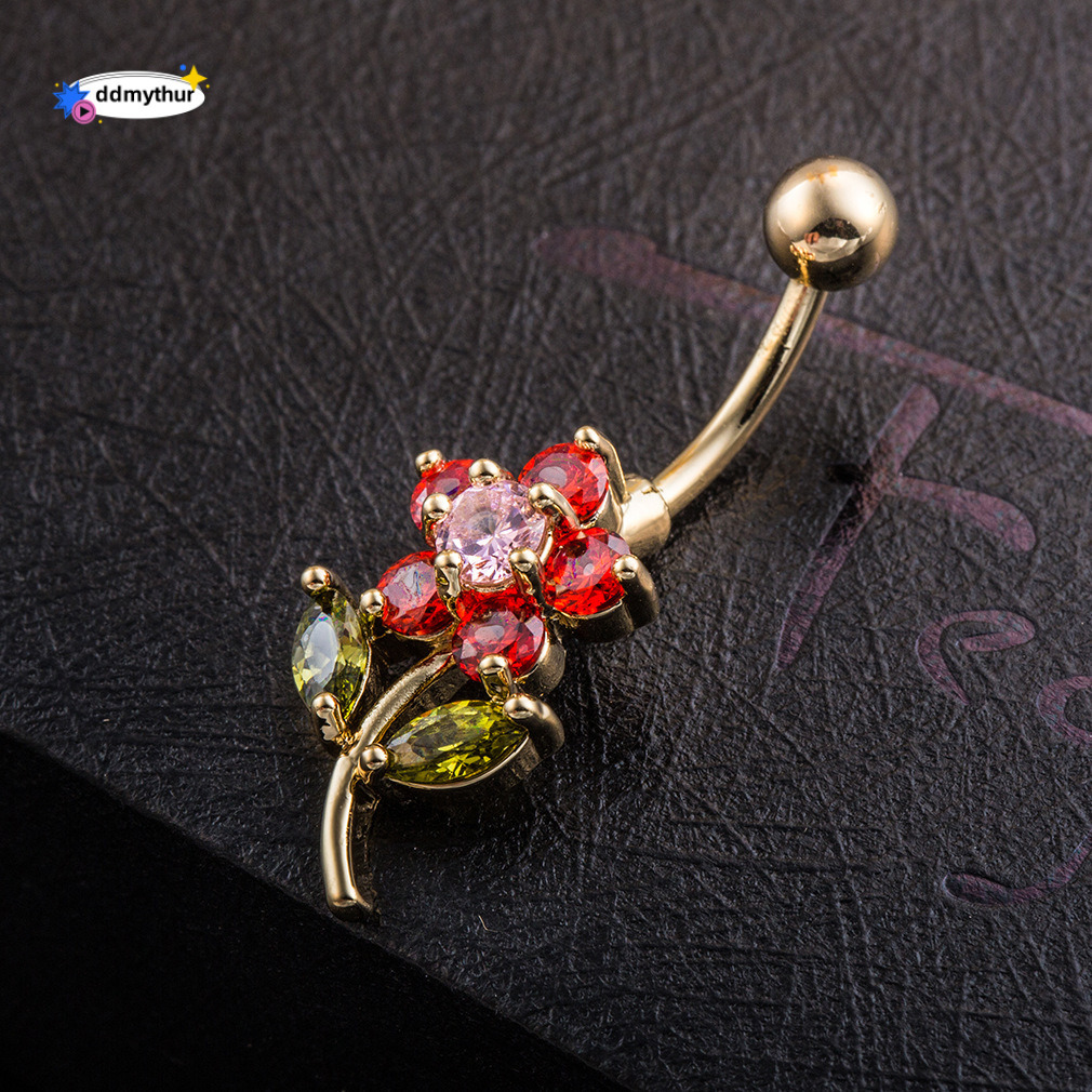 Ins Style Female Copper Material Cute Flower Shape Micro Inlaid Zircon Belly Button Ring Body Piercing Jewelry ddmythur