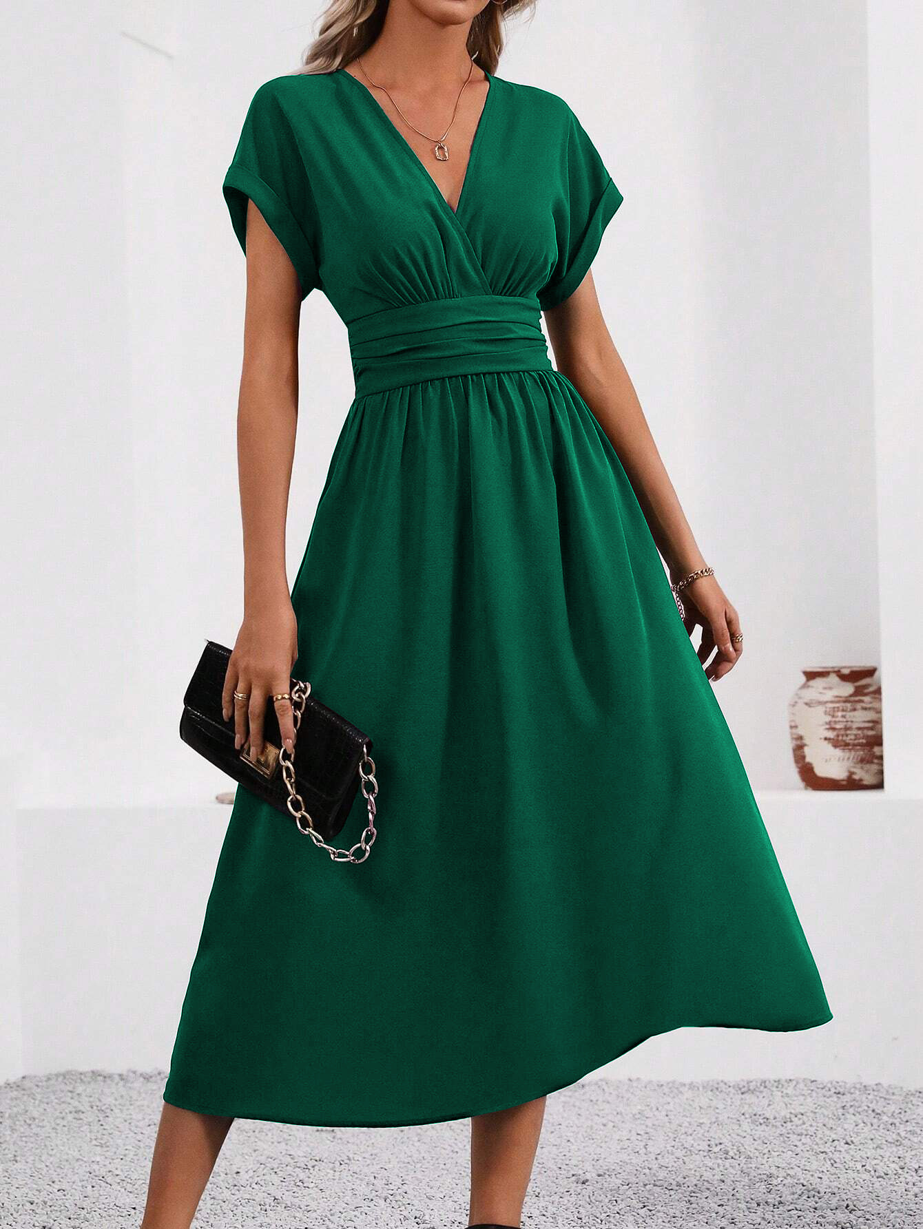 G721Solid Color Overlapping V-Neck Bat Sleeve Waist Pleated Long Elegant Dress