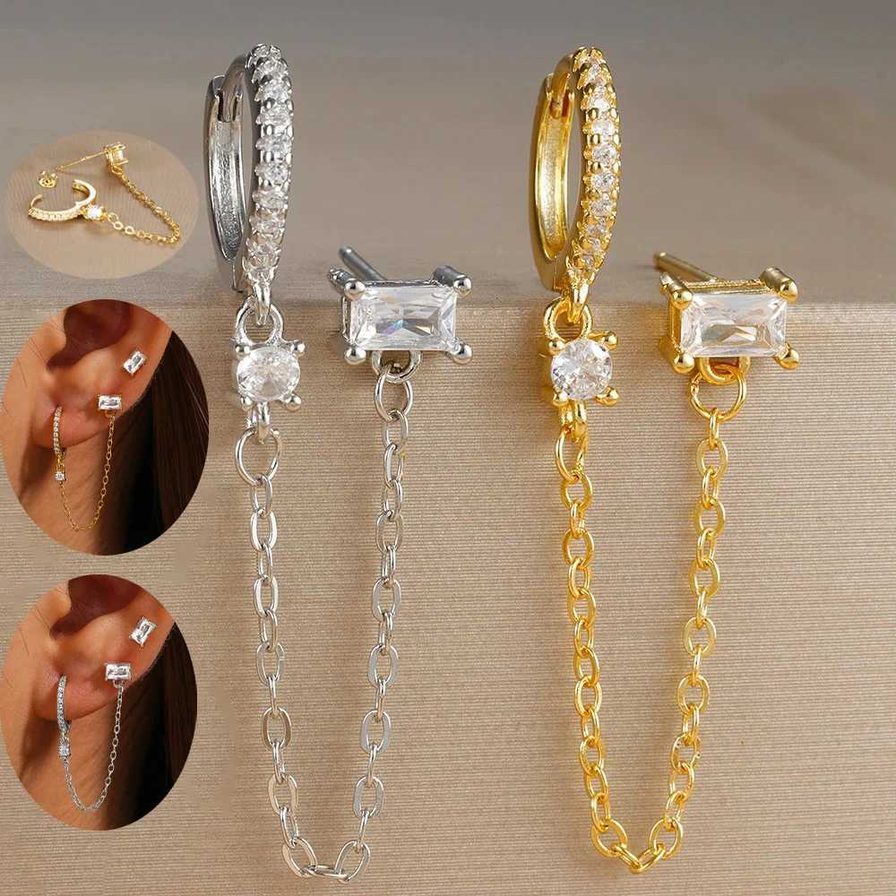 New Arrival Link Chains Hoop Earrings for Women Stainless Steel Cubic Zirconia Tassel Square Earring Ear Buckle Piercing Jewelry XJ250722