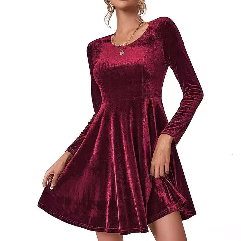Autumn Winter New Women's Long Sleeve Round Neck Flared Velvet Dress Black Green B5