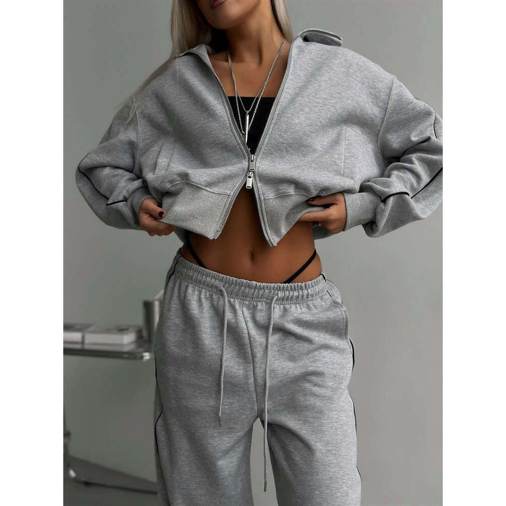 Casual Fashion Women's Zipper Cardigan Jacket Sports Drawstring Pants Two-Piece Set B5