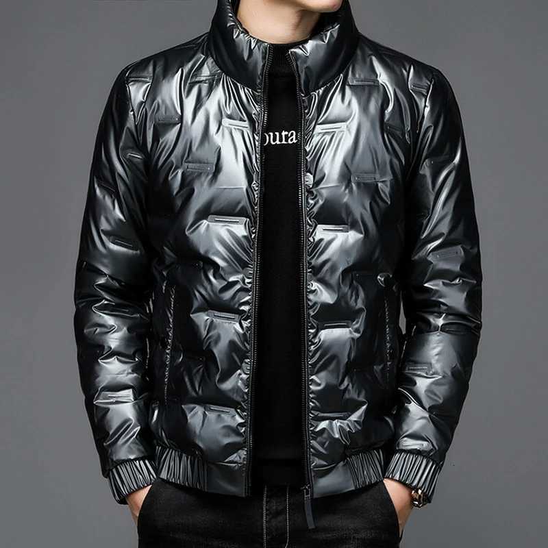 Winter New Style Mens Bright Leather Fashionable Down Jacket Casual Stand Collar Short Mens White Duck Down Feather W250722