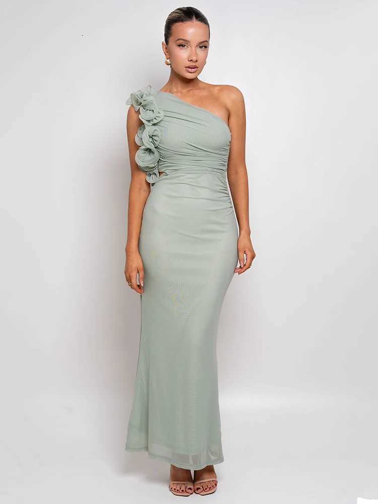 Mozision Shoulder Floral Mesh Ruched Sexy Maxi Dress For Women Gown Oblique Shoulder Sleeveless Backless Bodycon Long Dress XJ250722