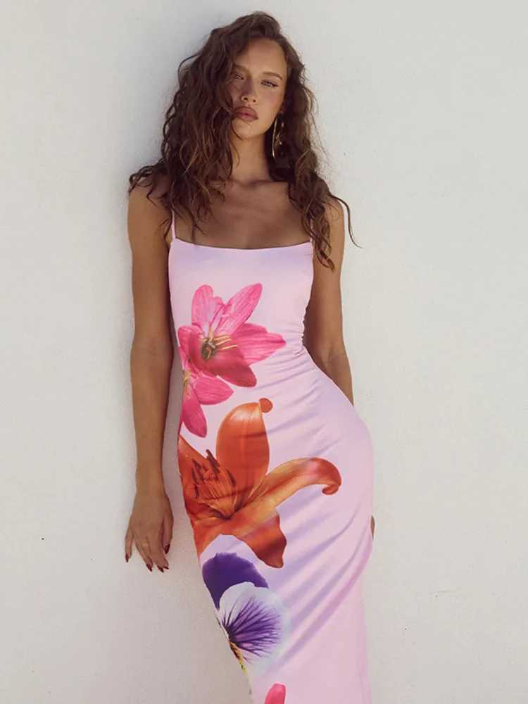 Mozision Floral Print Long Dress for Women Gown Summer New Spaghetti Strap Sleeveless Backless Bodycon Sexy Midi Dress Ele XJ250722