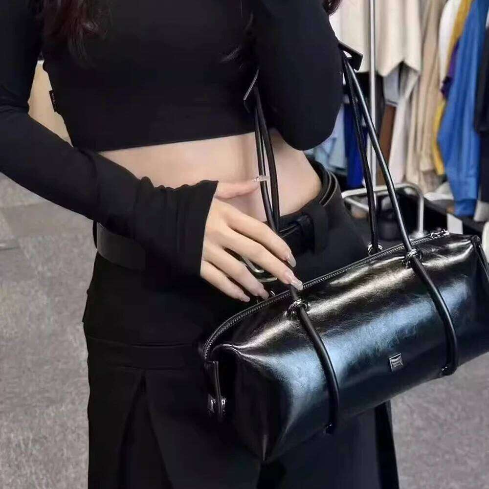 Women's Vintage Boston Handbag PU Leather Motorcycle Pillow Shoulder Large Capacity Chic Underarm High Quality Black Bag