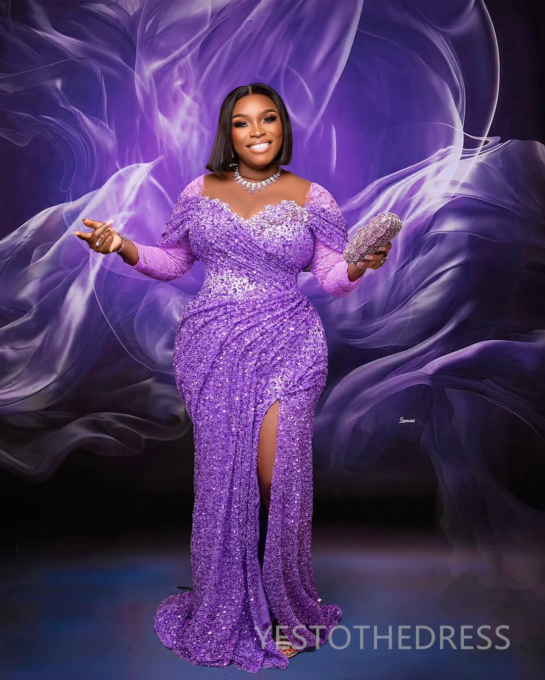 2025 Plus Size Purple Prom Dress For Black Women Mermaid Evening Dresses Robe De Soiree Sheer Neck Side Split Beaded Lace Birthday Dress Second Recept