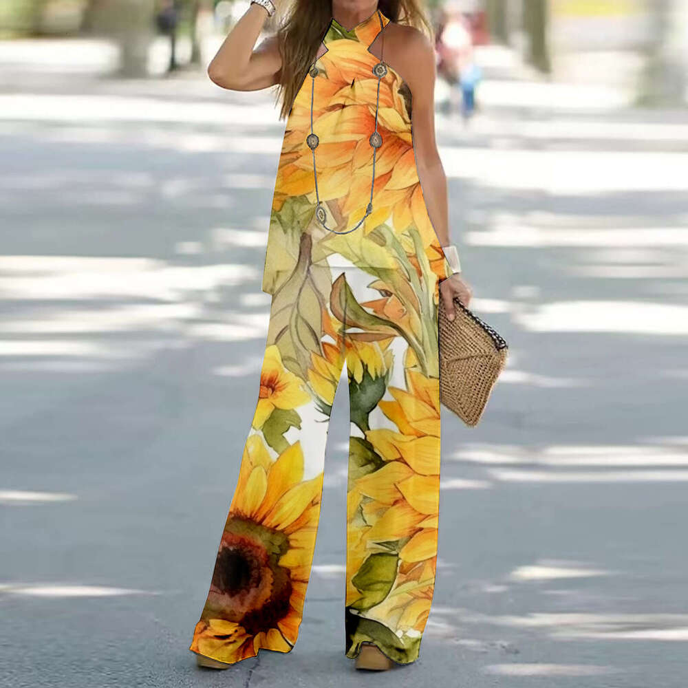 Summer New Women's Cross Halter Neck Sleeveless Printed Casual Wide-Leg Pants Elegant Set B5