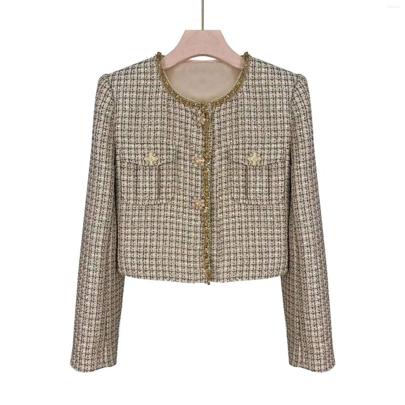 Two Piece Dress Autumn Winter Small Fragrant Style Gold Plaid Coarse Knitted Set Women Suit Coat Tweed Jackets Midi Long Skirts Sets