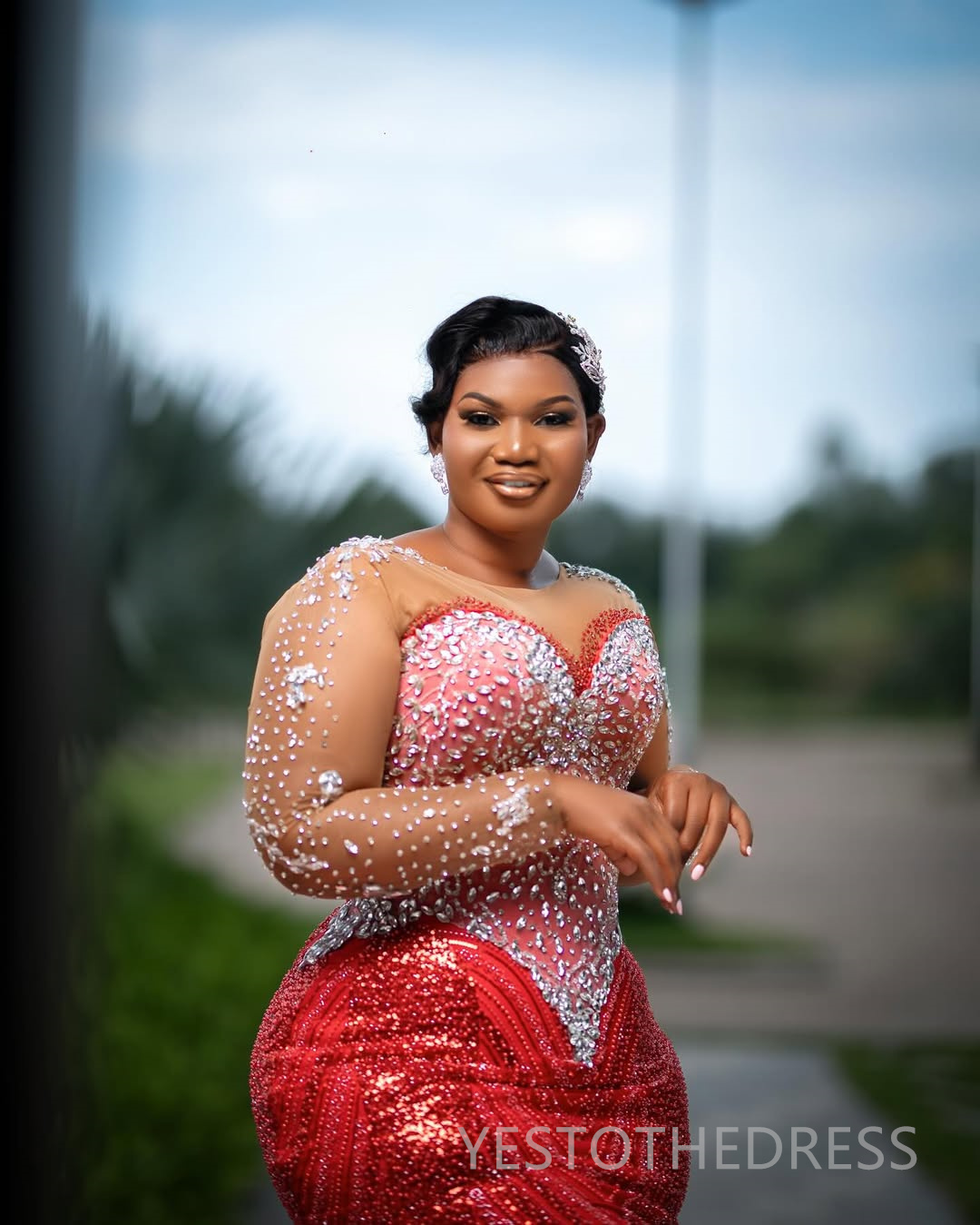 2025 Plus Size Red Prom Dress For Black Women Mermaid Evening Dresses Robe De Soiree Sheer Neck Long Sleeves Beaded Lace Birthday Dress Second Recepti