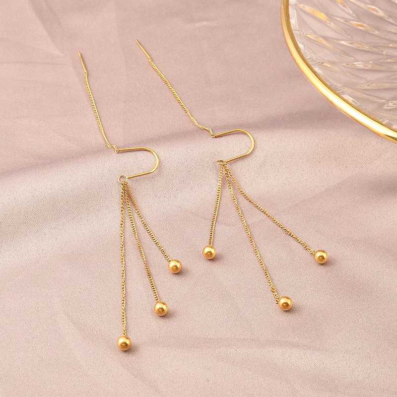 Charm Gold Color Stainless Steel Ball Long Drop Dangle Earrings for Women Exquisite Trend Bride Ear Line Jewelry Gift Colorfast XJ250722