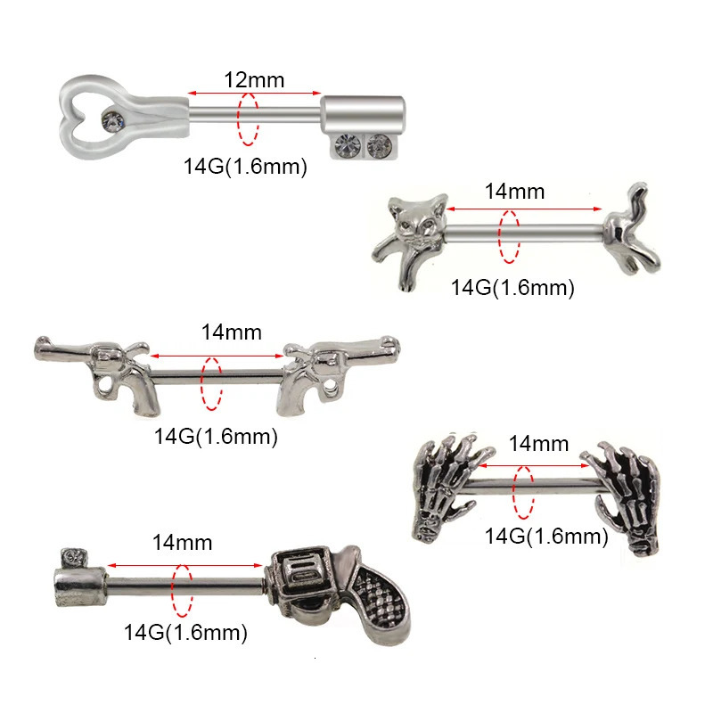 1Pair 5 Choice Gun Key shape Hand Nipple piercing Gun Piercing 14G 1.6x12/14mm No-Infection Body Jewelry Barbells 250722