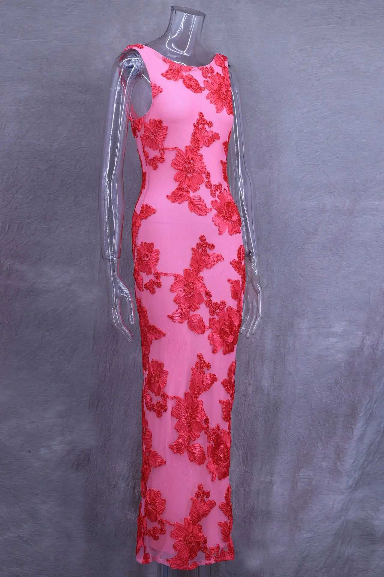 3D Flowers Party Dress Embroidery Mesh Slim Hip Package Fashion Maxi Dresses Summer Robe XJ250722