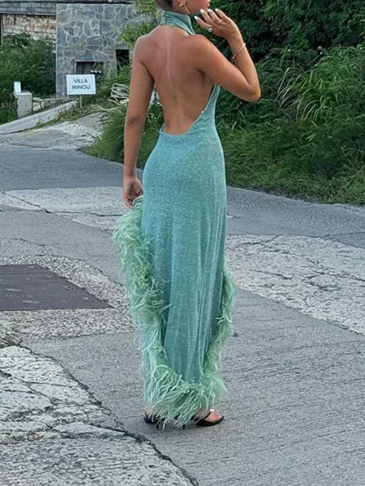 2025 New Women Sexy Halter Shoulder Sleeveless Backless Dresses Lady Party Dresses Fashion Women Asymmetric Feather Hem Dress XJ250722