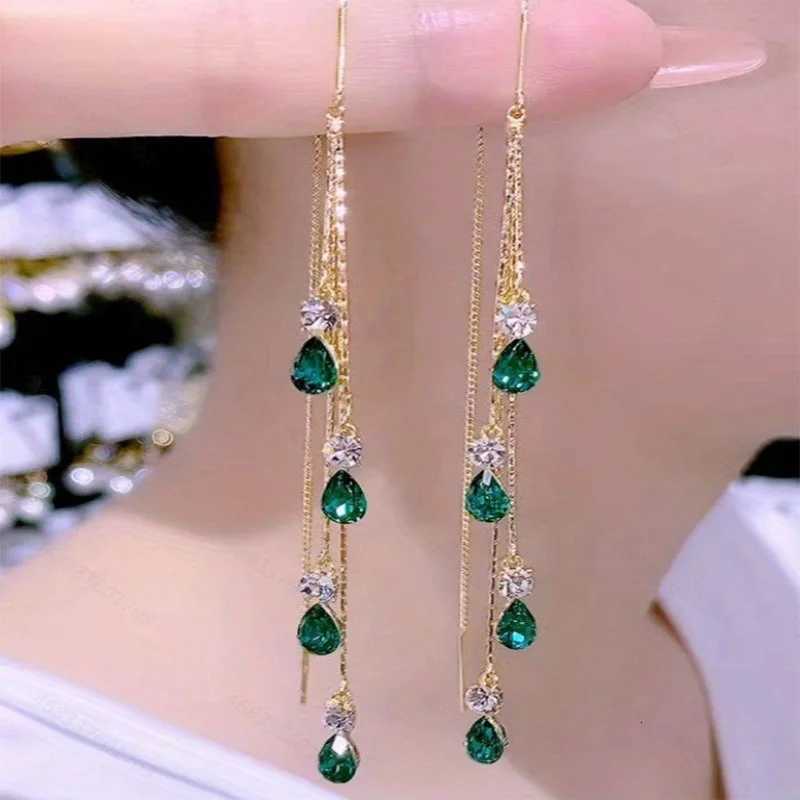 Luxury Temperament Green Zircon Drop Earrings for Women Korean Fashion Long Tassel Rhinestone Earrings Wedding Party Jewelry XJ250722