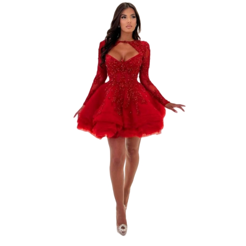 Mini Short Red Prom Dresses Sequins Beaded Lace Applique Long Sleeves Special Occasion Gown Modern Ball Gown Cocktail Party Dress Homecoming Occasion 
