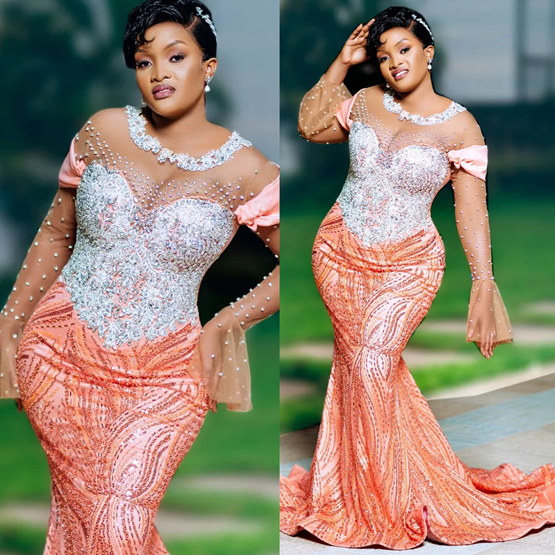 2025 Plus Size Coral Prom Dress For Black Women Mermaid Evening Dresses Robe De Soiree Sheer Neck Long Sleeves Beaded Lace Birthday Dress Second Recep