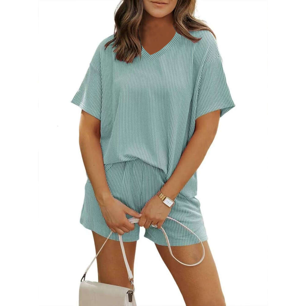 Summer New Simple Comfortable Solid Color Ribbed Short Sleeve Elastic Waist Shorts Homewear Two-Piece Set For Women B5