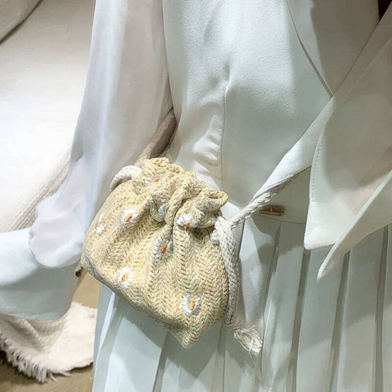Straw Weave Bucket Rattan Women Summer Beach Bags Totes Casual Handbags Retro Mini Shoulder Messenger Bag