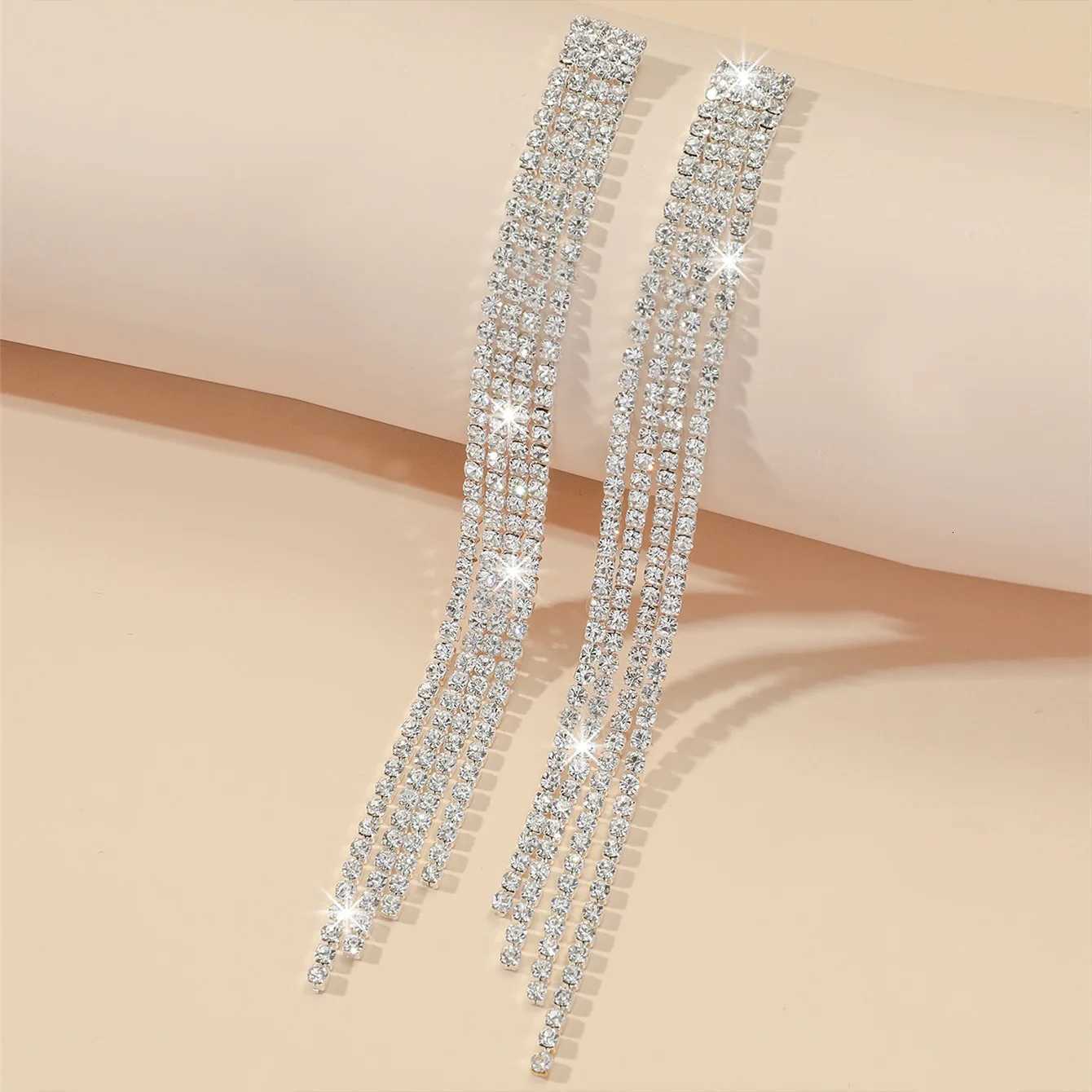 TREAZY Shiny 4 Lines Rhinestone Crystal Tassel Long Earrings for Women Wedding Party Hanging Dangle Earrings Bridal Brincos XJ250722