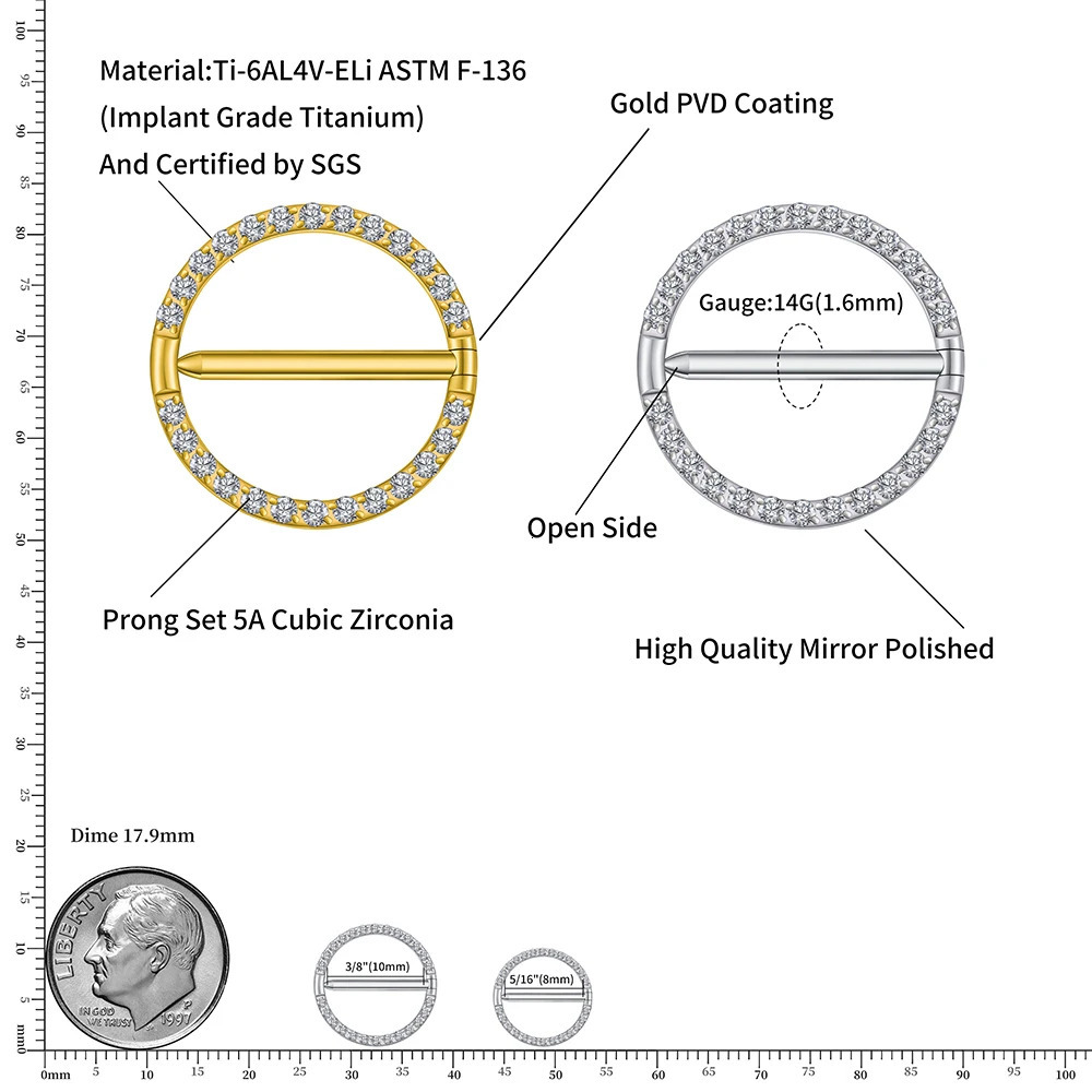 Right Grand ASTM 36 14G Circular CZ Clicker Nipple Shield Jewelry Round Nipple Ring Barbell Piercing for Women Girls 250722