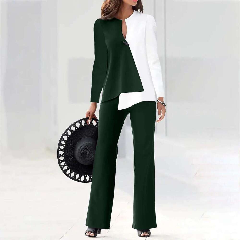 Spring And Autumn Fashionable Commuter Color Block Sleeve Long Pants Two-Piece Set Women's Clothing B5