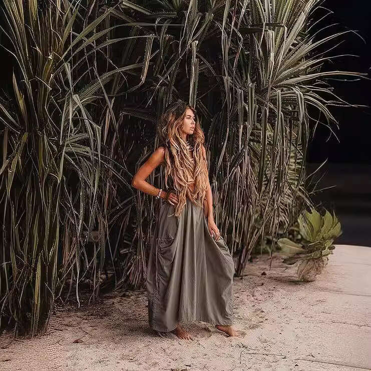 Women's Casual Midi New Drawstring Large Pocket Bohemian Loose Organic Cotton Long Skirt B5