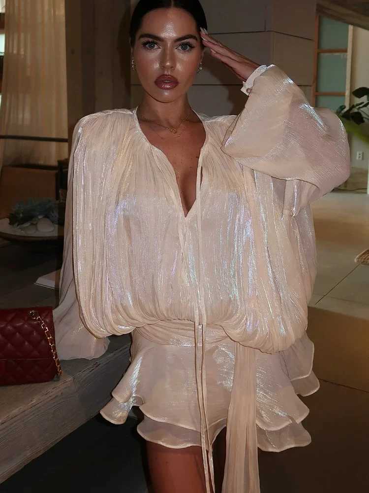 Fashion Solid Mesh Long Sleeve Backless Pleated Prom Dresses Chic Ruffle Bow Lace Up Women Mini Dresses Lady Spring Party Dress XJ250722