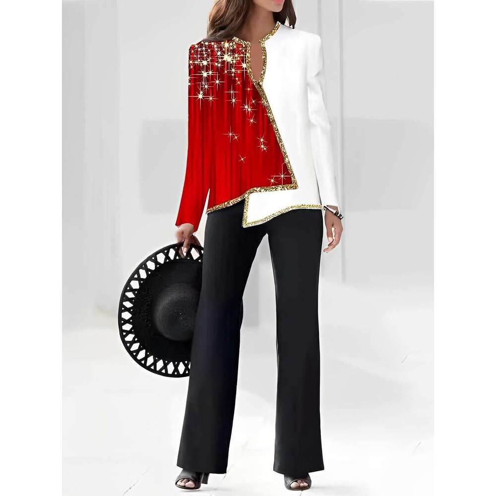 3D Digital Printing V-Neck Asymmetric Fashion Casual Shirt And Trousers Women's Set B5