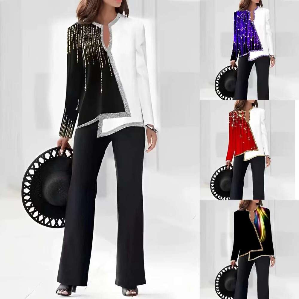 3D Digital Printing V-Neck Asymmetric Fashion Casual Shirt And Trousers Women's Set B5