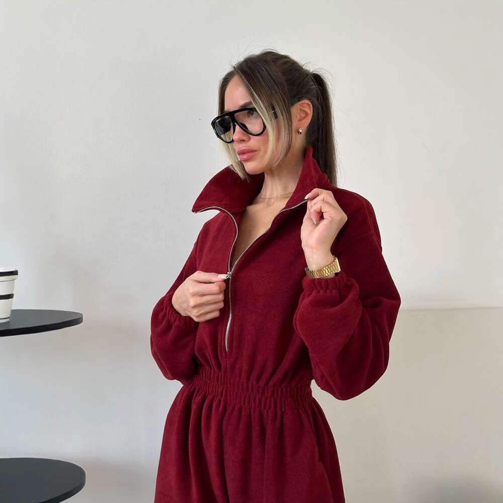 Spring And Autumn Women's New Fashion Long Sleeve Casual Half-Zip Elastic Waist Jumpsuit Set B5