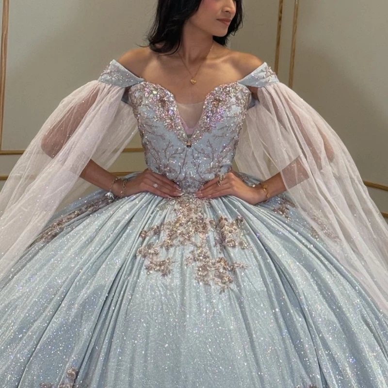 Light Blue Shiny Quinceanera Dresses Ball Gown Off The Shoulder Applique Lace Beading With Cape Tull Party Birthday Sweet 16 Dress Vestidos 15 anos