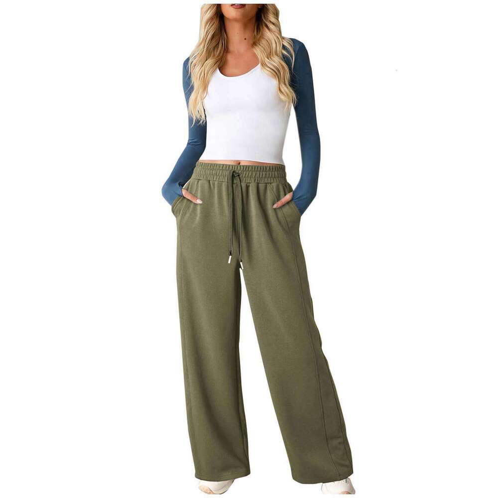 Women's Flowy Casual Straight Elastic Waist Drawstring Wide-Leg Pants B5
