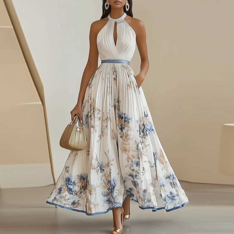 Summer Hanging Neck Sleeveless Waist Party Maxi Dress Women Ele Hollow Floral Print Pleated Chic Evening Gown Vacation XJ250722