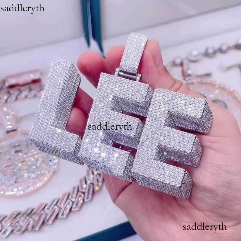 Customized DIY Name Letter Pendant Cuban Link Chain Necklace Sterling Sier Moissanite Baguette Dia Pendent For Men