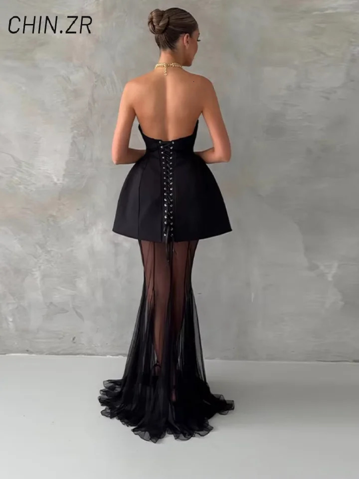 Elegant Strapless Top Fishtail Skirt Sets Women Bandage Sleeveless Backless Puffy Vests See Through Skirts Summer Lady Suit 250714