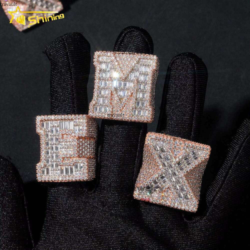 Iced VVS moissanite long stick first letter ring silver 10k 14k real gold hip-hop men's accessory
