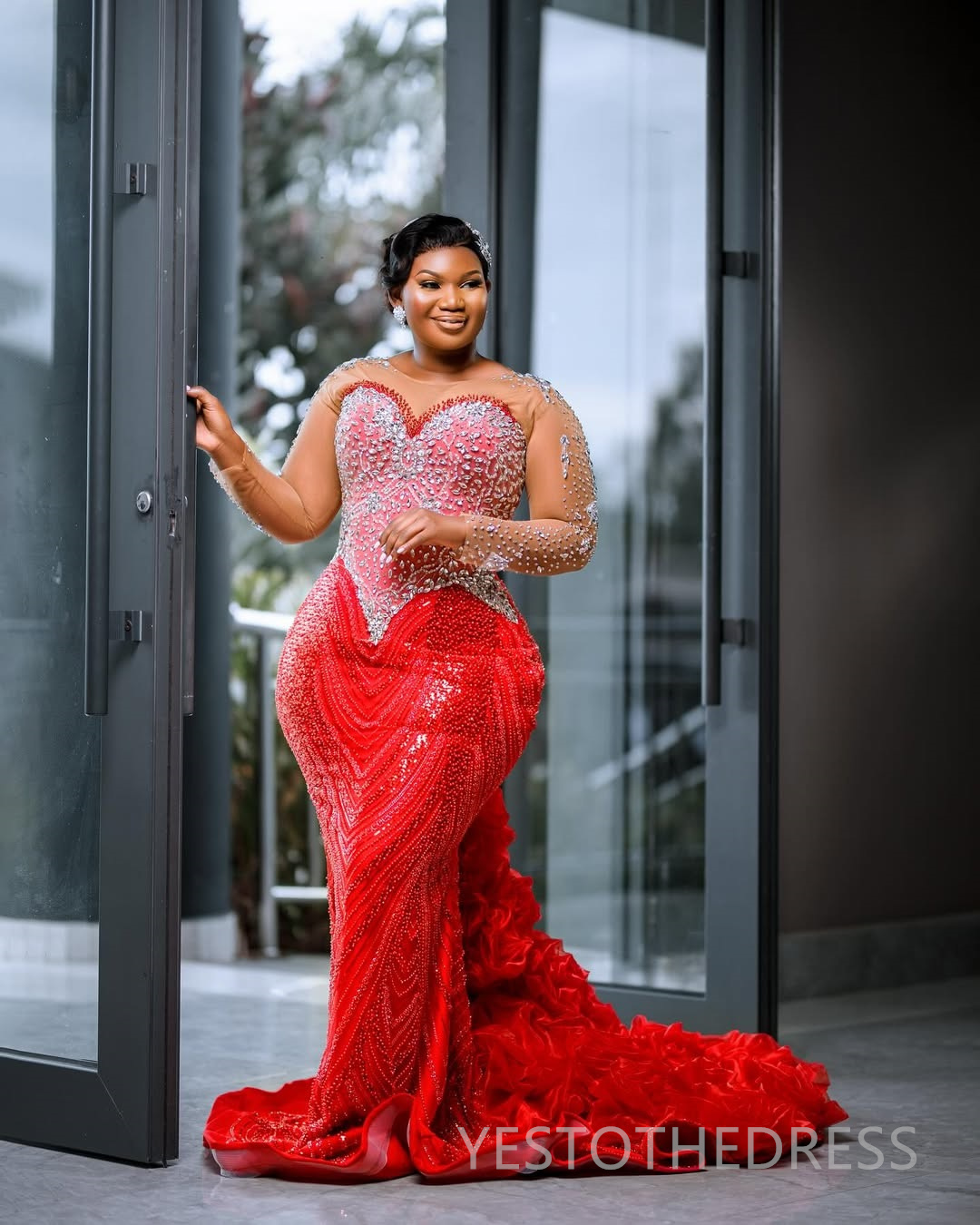 2025 Plus Size Red Prom Dress For Black Women Mermaid Evening Dresses Robe De Soiree Sheer Neck Long Sleeves Beaded Lace Birthday Dress Second Recepti