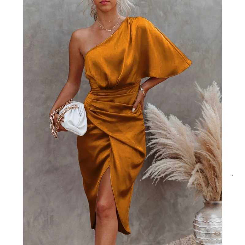 100% Satin One Shoulder Batwing Sleeve Ruched Bodycon Midi Long Dress Asymmetrical Wrap Front Cocktail Party Dresses XJ250722