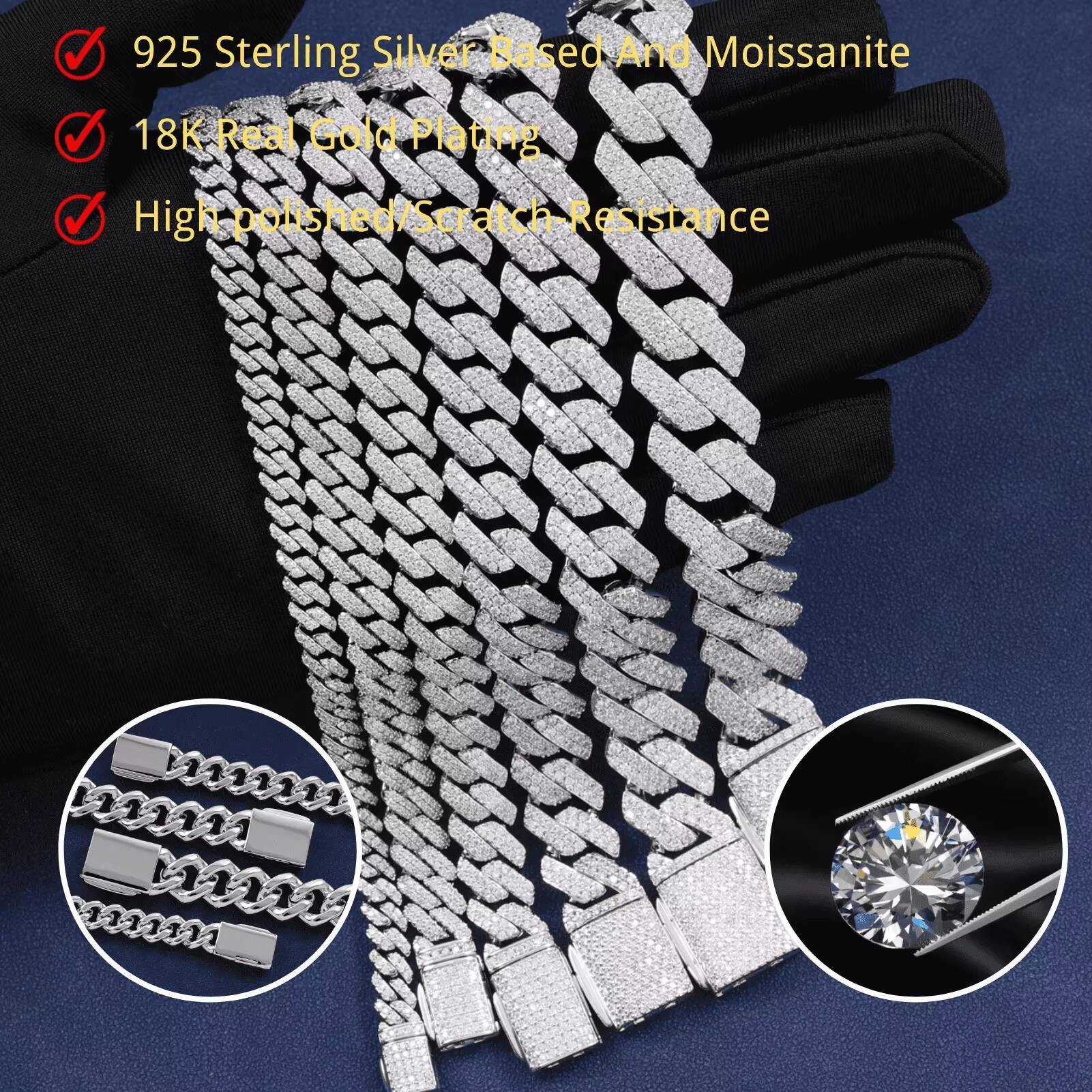 VVS D Moissanite 925 Sterling Silver Cuban Bracelet Hip Hop Style Prong Chain in 6mm 8mm 10mm 12mm 16mm 18mm Sizes