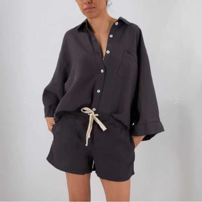American Style Cardigan Long Sleeve Shorts Spring Summer Outerwear Simple Solid Color Casual Set For Women B5