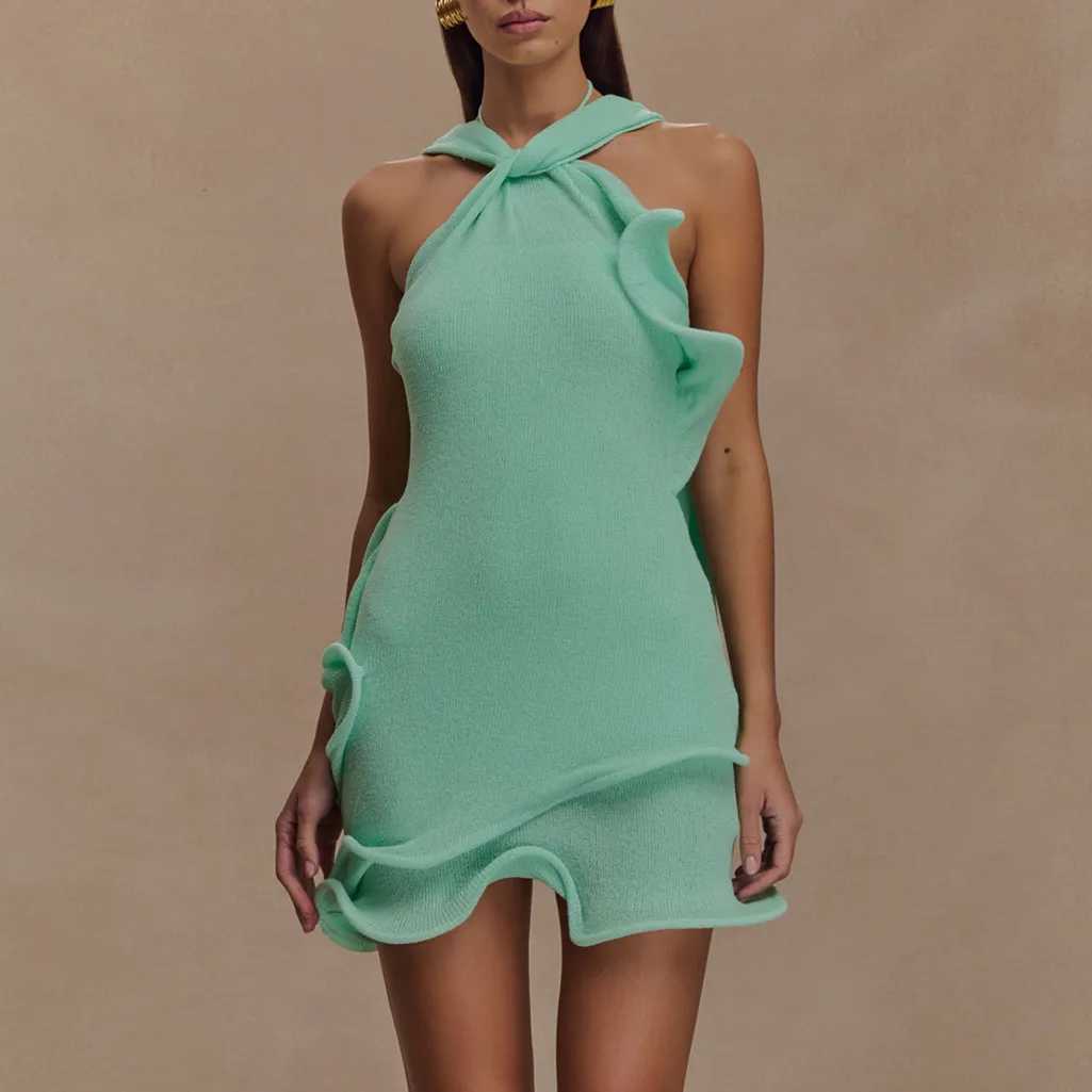 hirigin Women Knitted Halter Mini Dress Sleeveless Crochet Ruffle Edge Bodycon Short Dresses Y2k Sexy Beach Coverup Sundress XJ250722
