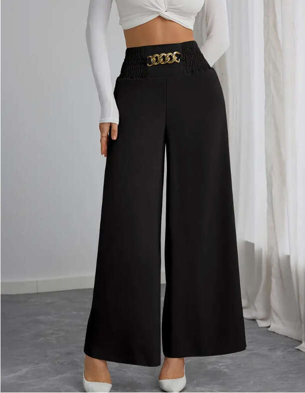 New High-Waisted Slimming Elegant Commuter Solid Color Chain Gathered Spring And Autumn Wide-Leg Pants B5