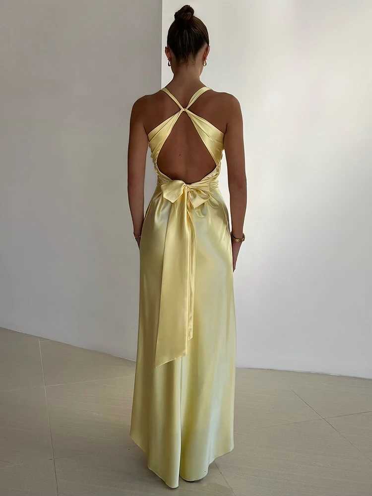 Mozision Satin Bow Backless Sexy Maxi Dress For Women Gown Fashion V Neck Sleeveless Club Party Evening Dress XJ250722