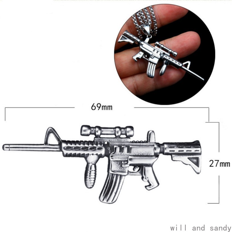 Non Tarnish Stainless Steel Machine Gun Necklace Hip Hop Chain Bird Owl Lion Dinosaur Skull Wings Pendant Fashion Jewelry for Men Anniversary Father B